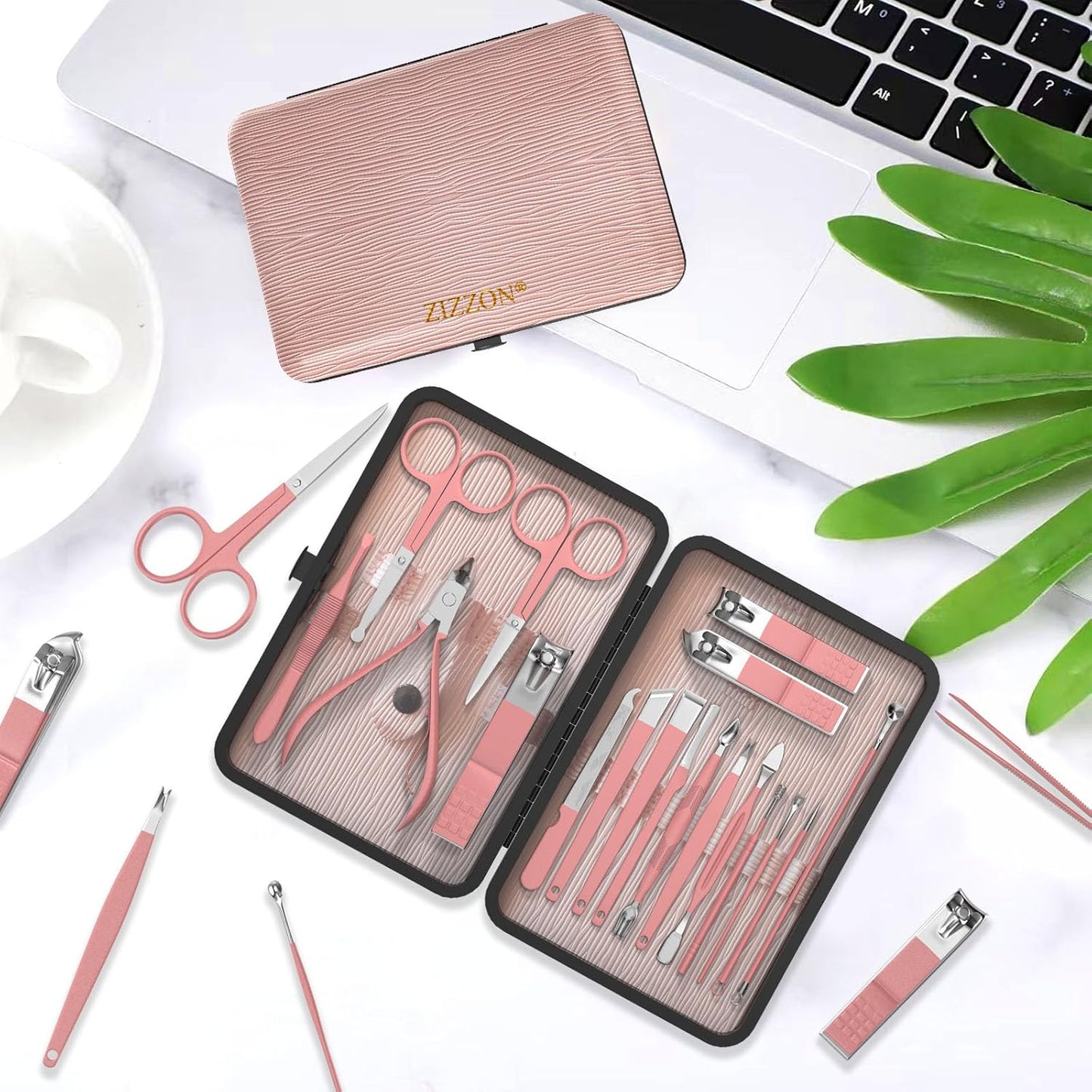 18-in-1 Profi Maniküre & Pediküre Set | Nagelpflege-Grooming Kit mit Lederetui – Pink