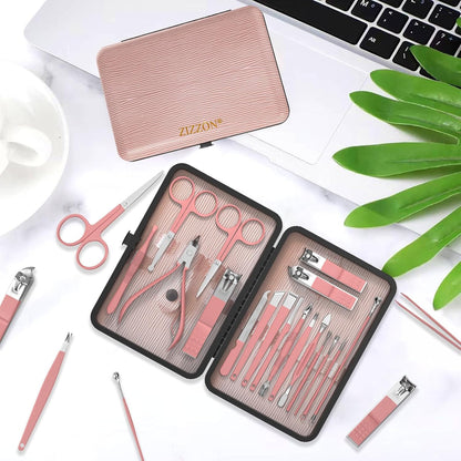 18-in-1 Profi Maniküre & Pediküre Set | Nagelpflege-Grooming Kit mit Lederetui – Pink