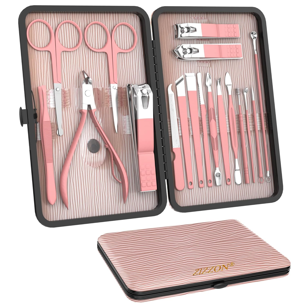 18-in-1 Profi Maniküre & Pediküre Set | Nagelpflege-Grooming Kit mit Lederetui – Pink