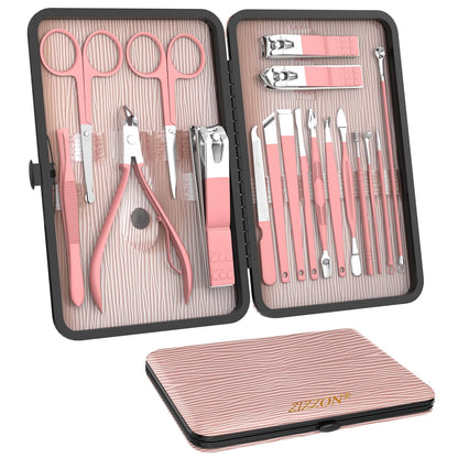 18-in-1 Profi Maniküre & Pediküre Set | Nagelpflege-Grooming Kit mit Lederetui – Pink