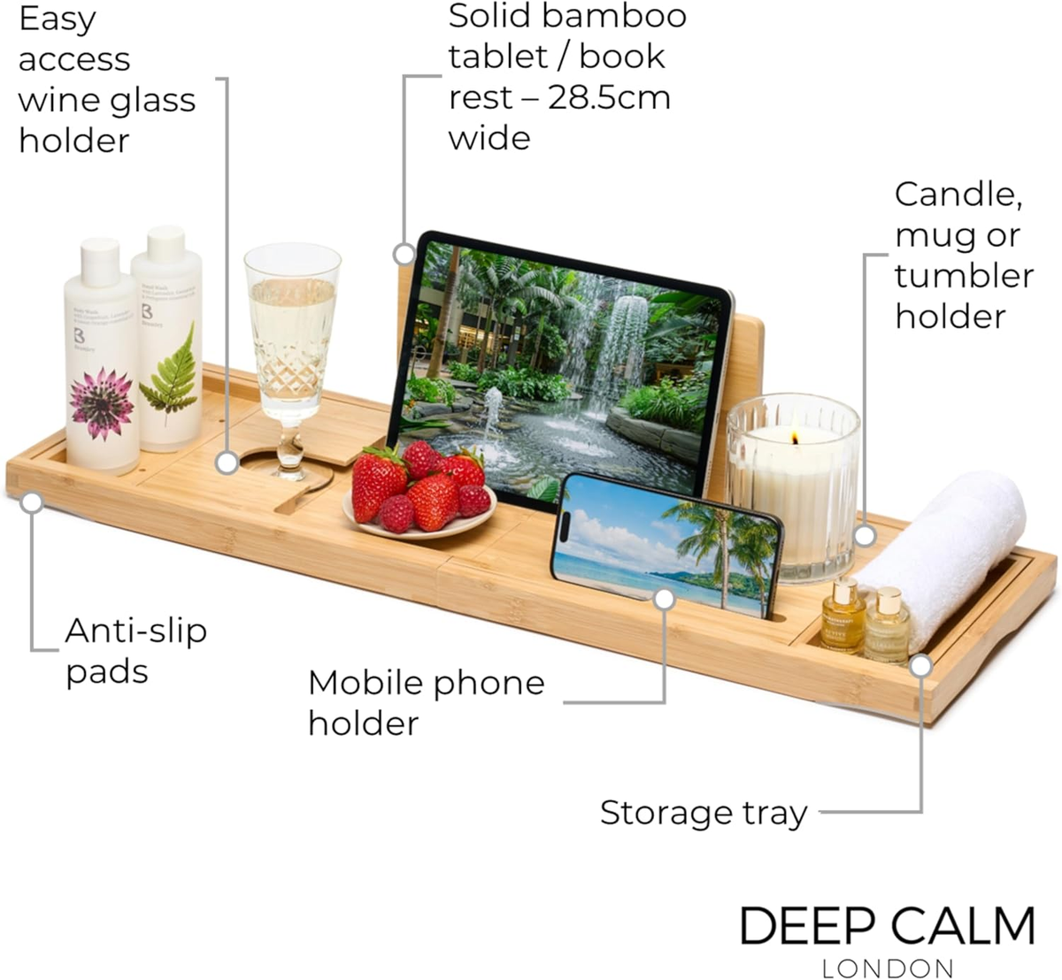Badewannenablage - Verstellbares Bambus-Badewannenbrett - Rutschfeste Badewannenablage Passend Für Die Meisten Badewannen - Hält Buch, Ipad, Telefon, Glas, Kerze (Natural)