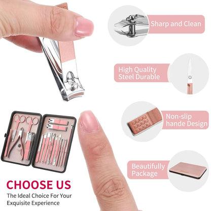 18-in-1 Profi Maniküre & Pediküre Set | Nagelpflege-Grooming Kit mit Lederetui – Pink