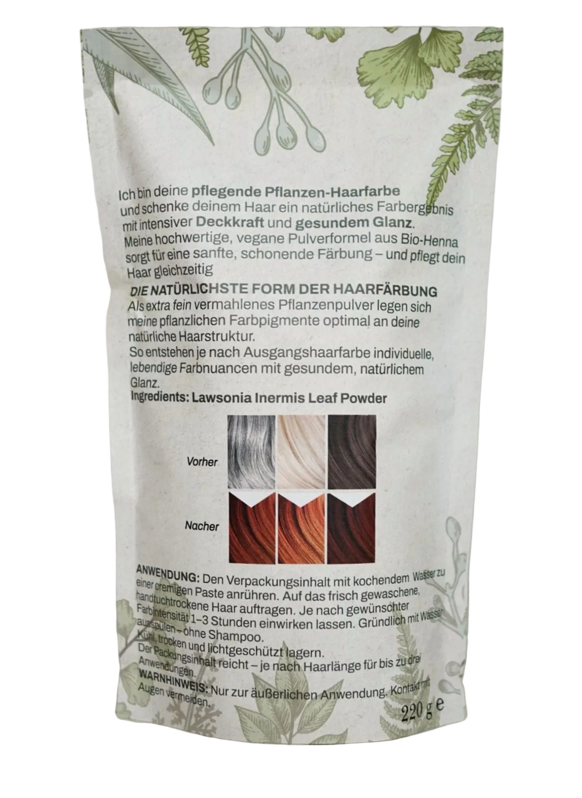 Natürliche Haarfarbe PFLANZENPULVER kraftvolles Haar mit Volumen und glanzvolle Farbe große Packung mit 220g für bis zu 4 Anwendungen