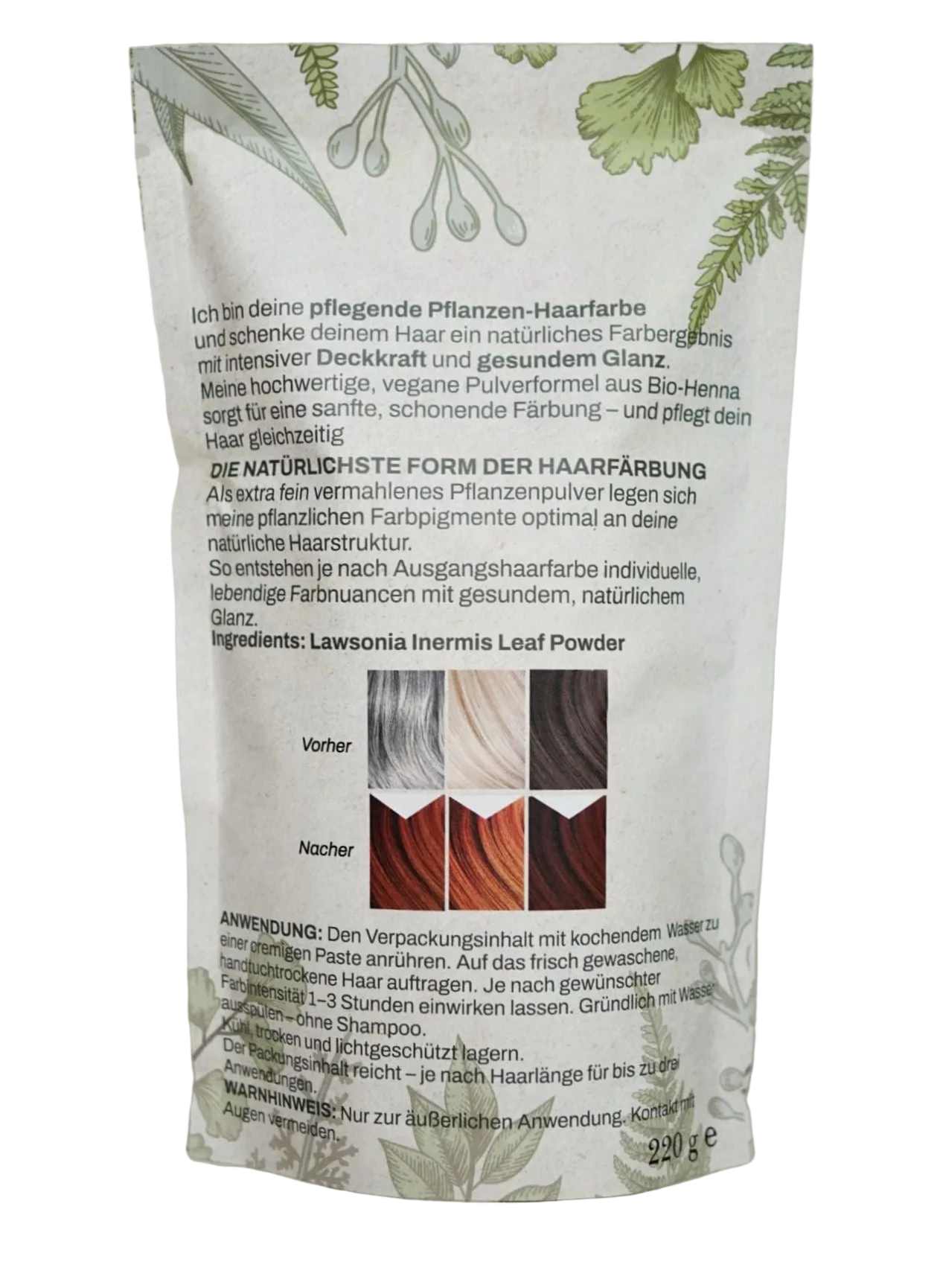 Natürliche Haarfarbe PFLANZENPULVER kraftvolles Haar mit Volumen und glanzvolle Farbe große Packung mit 220g für bis zu 4 Anwendungen