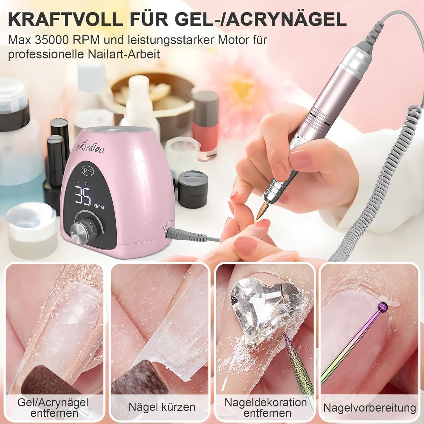 Nagelfräser Für Gelnägel 35000 U/Min Elektrische Nagelfräser 6 in 1 Maniküre Set Elektrisch Stufenlose Geschwindigkeit Mit LED Dislay Für Nagelhaut Shellac Acrylgel, Sicher Für Anfänger Profi